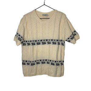 Vintage Y2K 90s Cotton Forever Yellow Short Sleeve Cable Knit Sweater Blue Flora